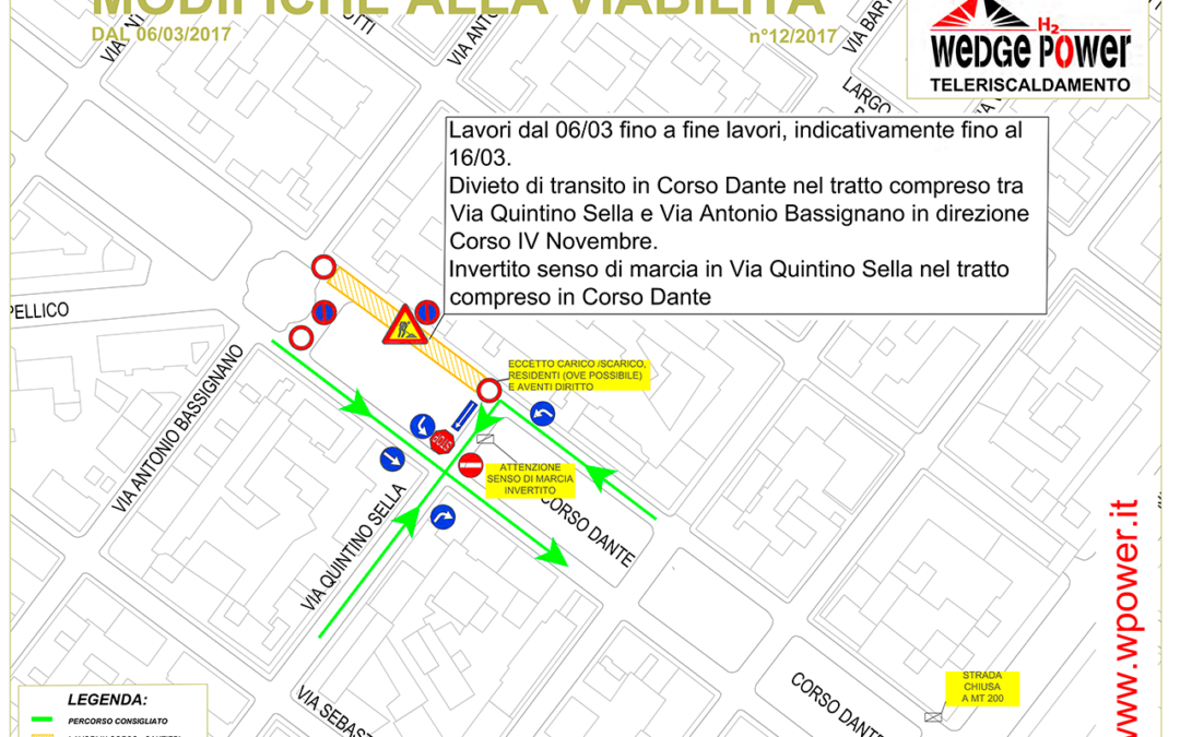 Variazioni della viabilità a Cuneo, in corso Dante e via Piave. 03 marzo 2017